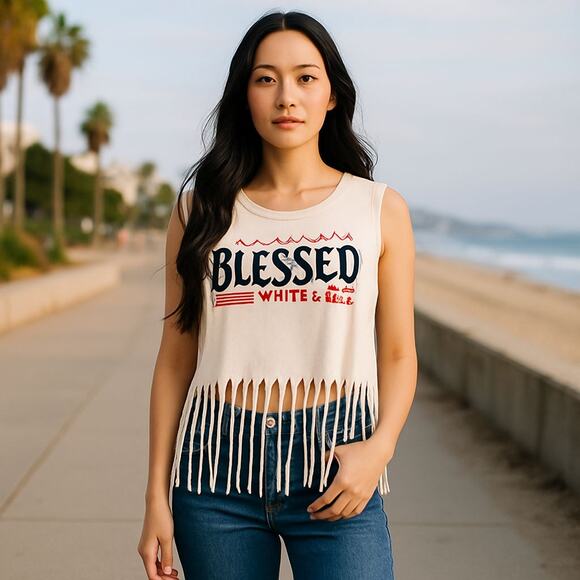 Love Peace & Lazy Days Fringe Crop Top Jr Size XL Cream Blessed Red White Blue - Picture 1 of 13